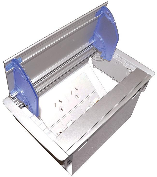 OE Elsafe Axxess QF25 in-desk box with anodised lid, featuring 2 GPO and 4 data cutouts, ideal for modern workspaces.